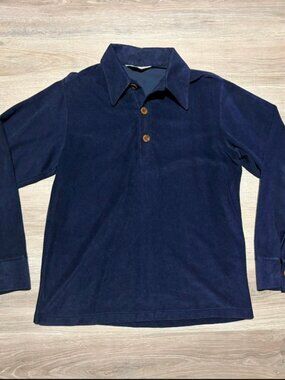 Blue Terry / Velour Long Sleeve Polo Shirt w/ Wood Buttons - Small